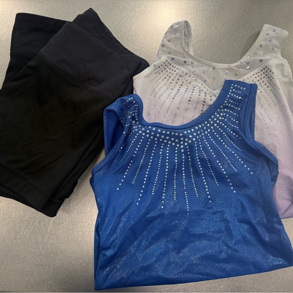 Other - Blue and White Rhinestone Gymnastics Leotards with Black Shorts
